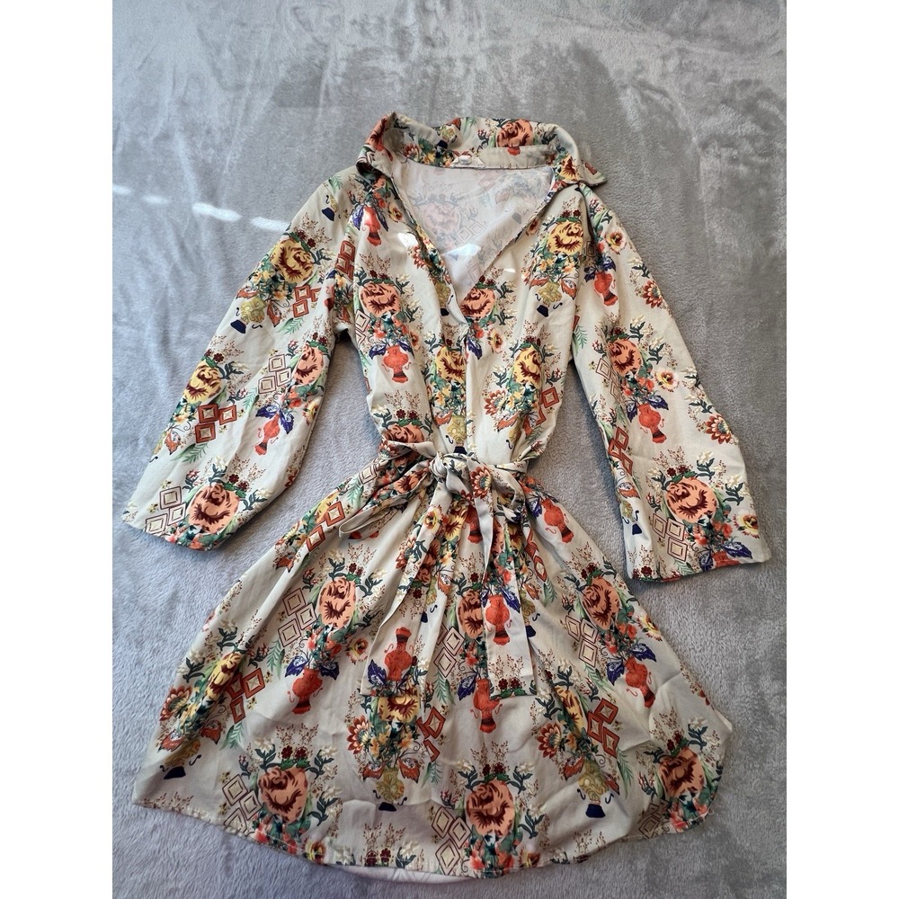 Pink Ripple Womens Dress M Floral Tie Waist Bell Sleeve Boho